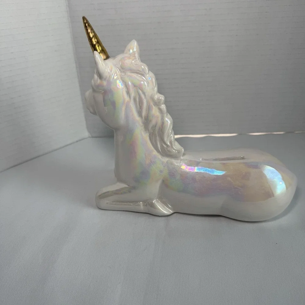 Iridescent Ceramic Unicorn Piggy Bank Gold Horn Rainbow Glaze Coin Bank Fantasy